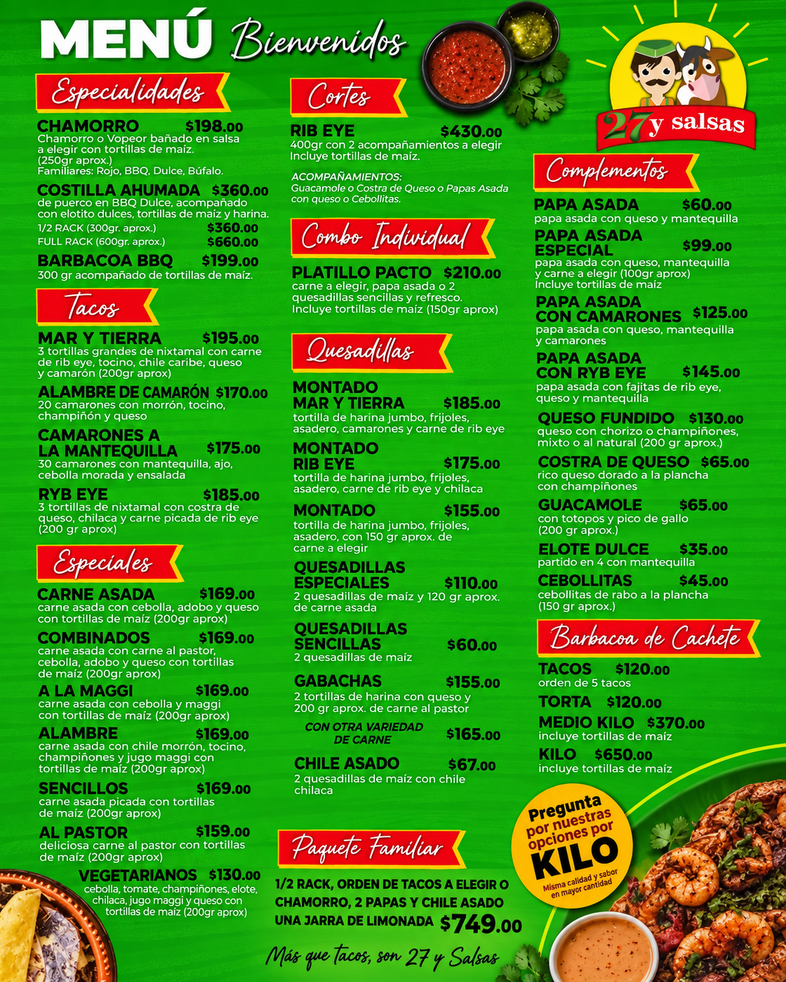 Menú de tacos, cortes y especialidades
