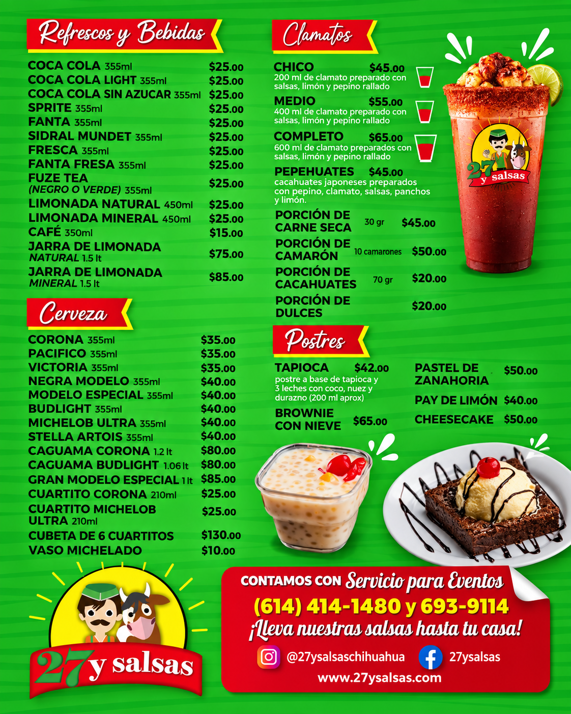 Menú de bebidas, clamatos y postres