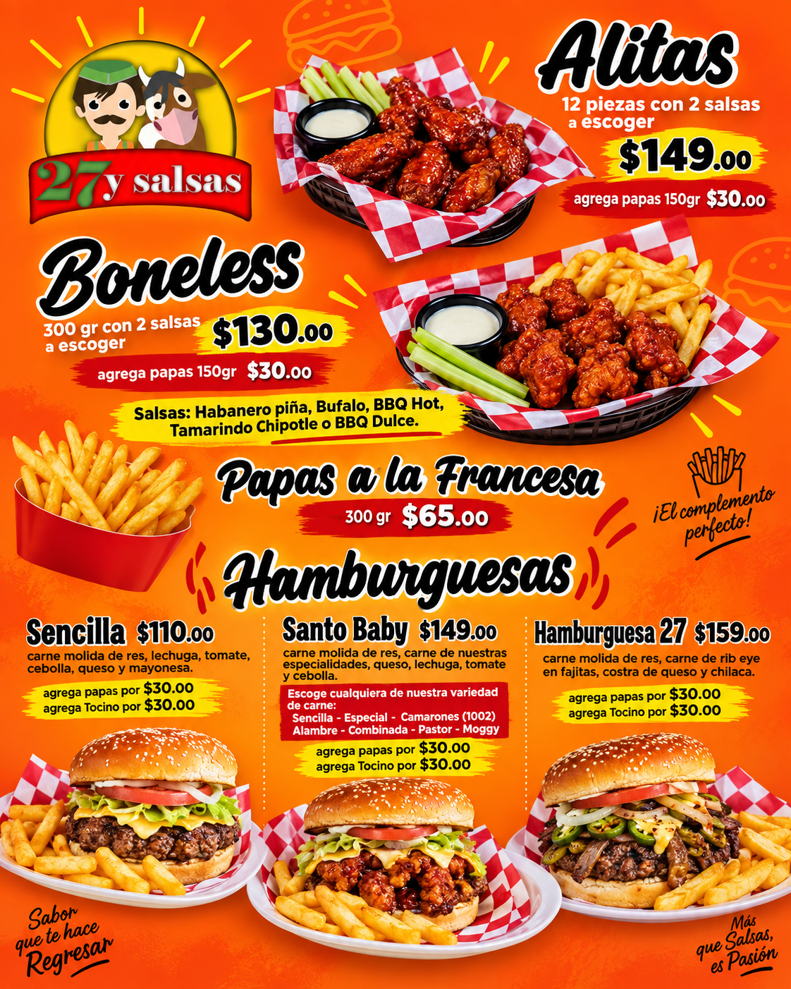 Menú de alitas, boneless, papas y hamburguesas